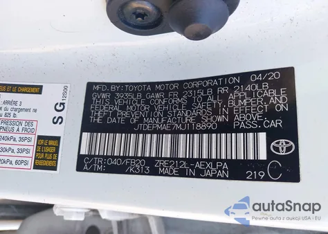 2021 Toyota Corolla Le from USA, damaged, VIN JTDEPMAE7MJ118890